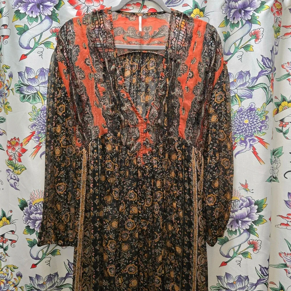 Free People Boho Paisley‎ Floral Sheer Maxi Dress Orange Black Long Sleeve XS